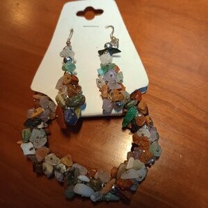 Multi Rock and Crystal Stretch Bracelet and Drop Earrings Set